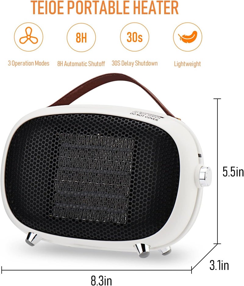 Teioe Space Heater, Mini Electric Space Heater 800W/400W, Small PTC Ceramic Heater with Tip-Over and Overheat Protection, 3 Operating Modes, Space Heaters for Indoor, Office, Bedroom and Desk (White) - Image 2